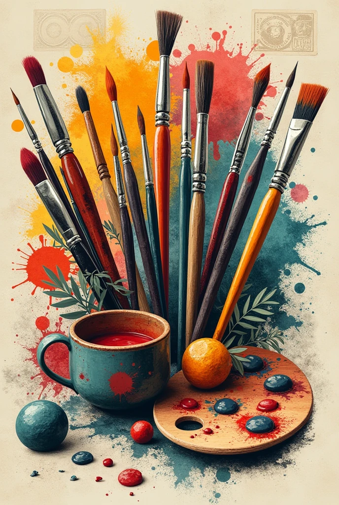 Create a creative design for a visual arts course t-shirt print, something like a collage or maybe a more vintage style