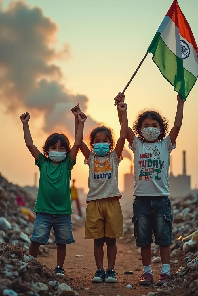Generate an image  children celebrating 14 August independence day but there are  masks on thier faces due to environmental issues and behind there are different heaps of garbage and industries or chimines releasing smoke
