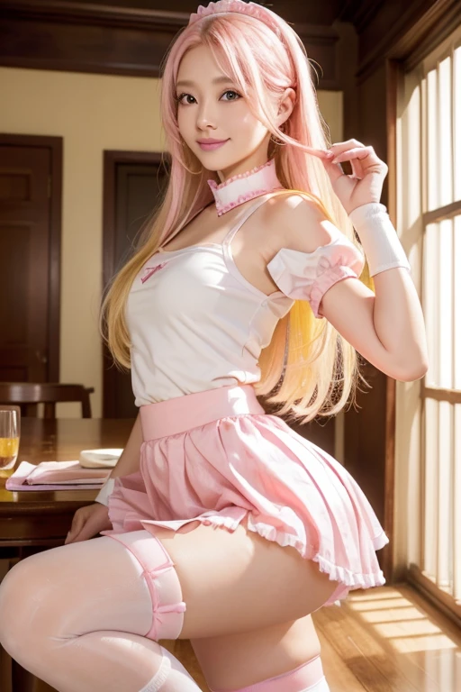 One Girl, Age 35, alone, ((Long Yellow Hair 1.4)), ((Sweaty 1.5)),((Shiny skin 1.4))，((Thighs)),  Brown eyes, ((Pink miniskirt maid outfit 1.5))，((Knee-high socks 1.4)),whole body, bangs, Realistic,((Small Breasts 1.2)),  4K, Highest quality, Slender beauty, Extremely clear images, 8k, Beautiful pose, Photo session、((Cute pink maid outfit))、smile、Straight hair,((Mansion Background))