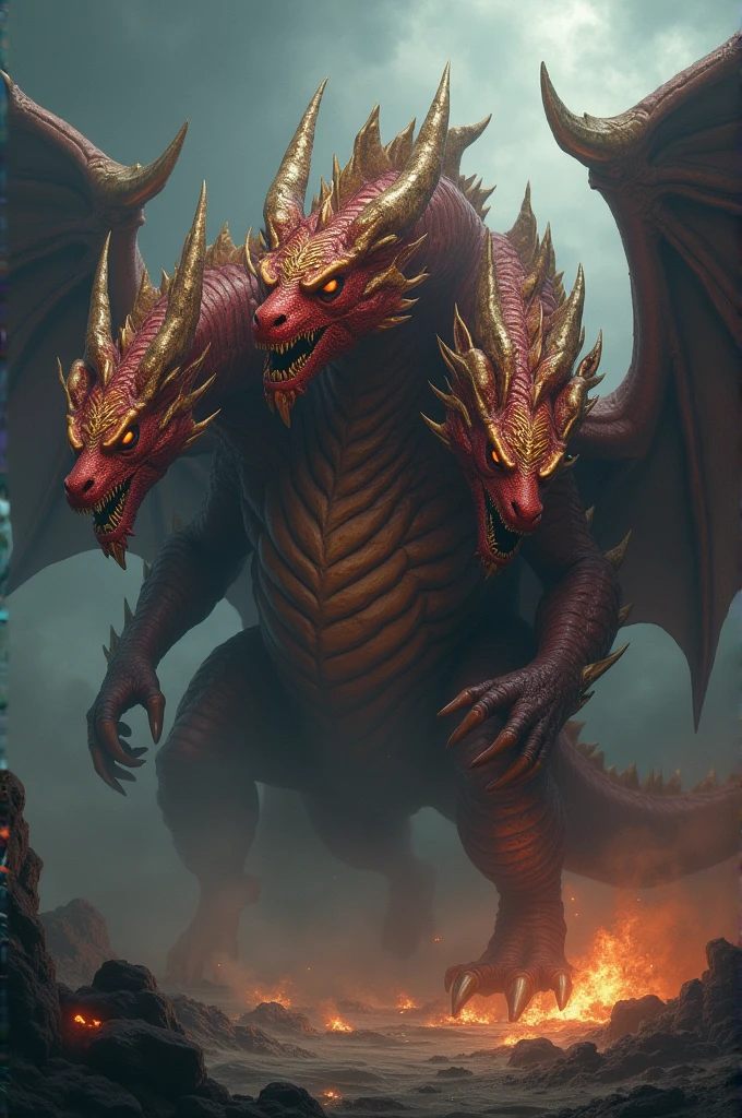 3 headed red monstrous dragon, 2 were red and 1 was gold