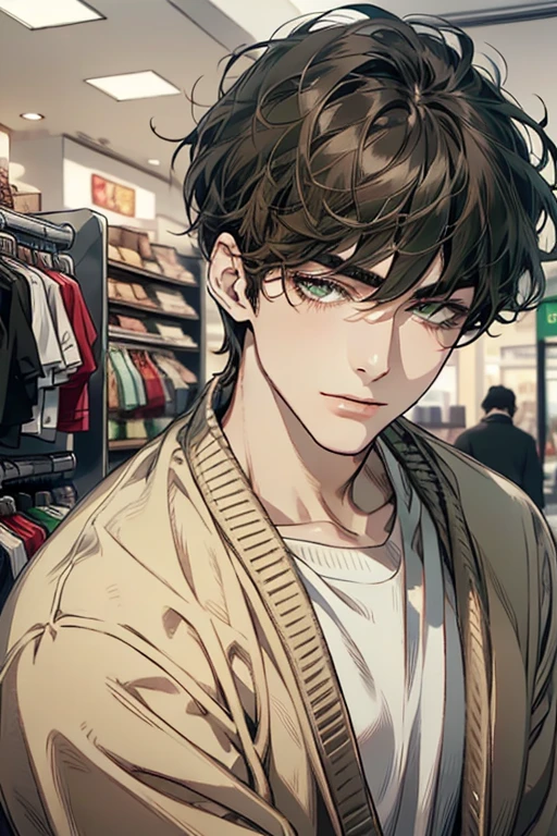 masterpiece, best quality, realistic, 1man, mature male, quiet and charming young man, 35 years old, close his eyes, ((soft smile)), closed mouth, extremely detailed face, a little distant, ((dark green eyes)), ((short-side-swept sandy black hair)), [thick eyebrows], (caramel cardigan and brown trousers), (waiting in front of the store)
