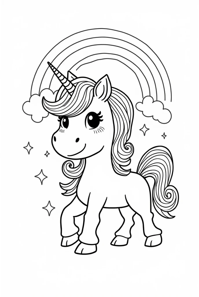 a beautiful happy unicorn with tender eyes looking up with little rainbows around in many colors with rounded edges in black and white with white background for a coloring book for kids in cartoon style