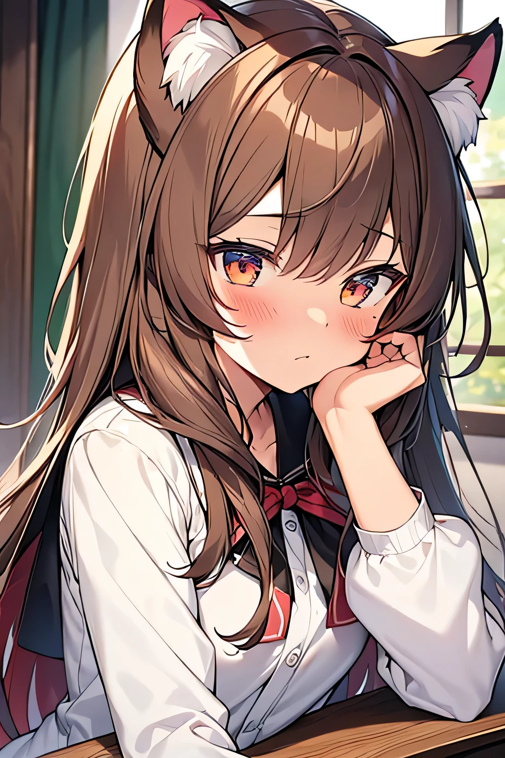 masterpiece,best quality,super detailed,super fine illustration,8k,Moe anime style light brown hair,Tiger brown cat ears,Blushing,uniform,Red Hood,Girl,18yo,cute cute cute,tired tired tired,OPA OPAL OPAL,kawaii kawaii kawaii,pastel color,Watercolor style, perfect lighting ,perfect hands,cute face,BREAK Drinking tea