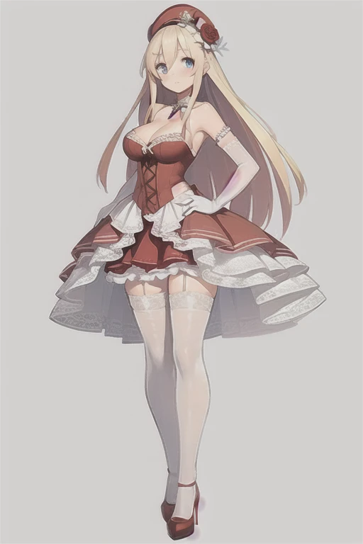 saratoga \(warship girls r\),1girl, bangs, bare shoulders, black footwear, braid, , choker, cleavag, earrings, eyebrows visible through hair, flower, full body, fur trim, gloves, gradient, hair between eyes, hand on hip, hat, hat flower, high heels, jewelry, knife, large breasts, layere, looking at viewer, medium breasts, pantyhose, pi, purple (red lace dress:1.4), red flower, red rose, rose, rose petals, smile, solo, standing, two-sided fabric, white headwear, white rose, Standing, Ball gown dress, stockings, (brown stockings:1.4), (translucent stockings:1.2), (translucent gloves:1.2), wedding dress, Lace long wedding dress, (translucent Wedding Dress:1.2), Blue eyes with highlights, Blonde longhair(delicate eyes)