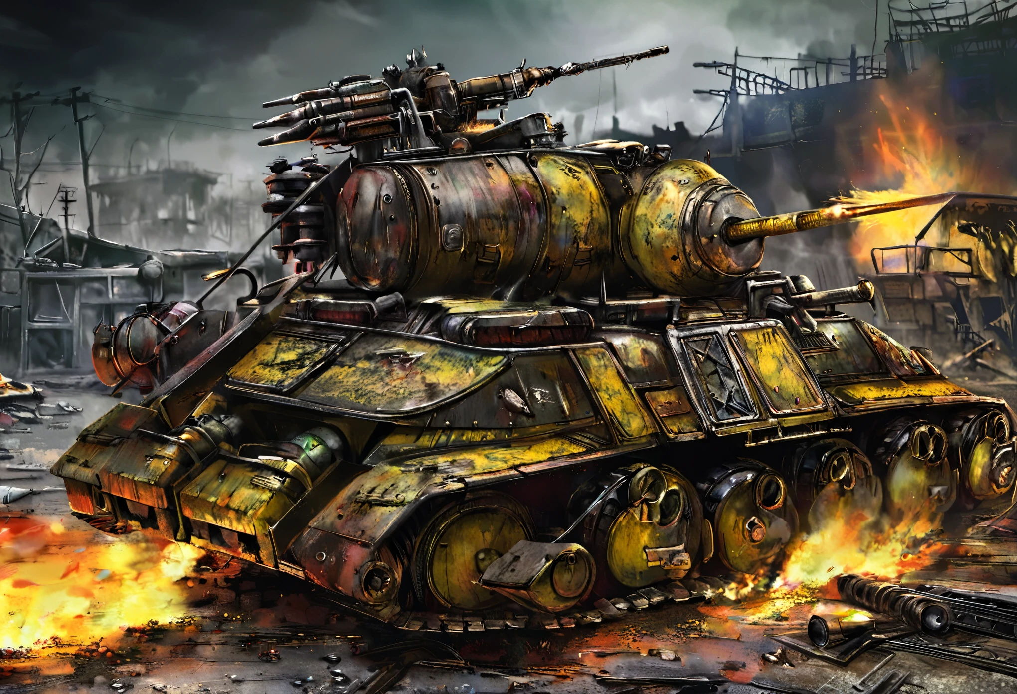 a heavily armored Ork tank, scrap metal, made of junk, insane paint job, 2 huge turrets, flames shooting out exhaust, painting of Mork, Warhammer 40k, post-apocalyptic, war-torn planet, dystopian, gritty, weathered, battle-scarred, weathered metal, battle-damaged, rust, grime, weathered, battle-worn, high detail, highly detailed, realistic, cinematic, dramatic lighting, moody, dark, intense, gritty, atmospheric