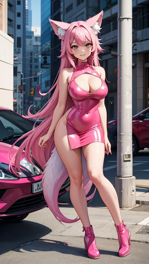 Happy , with wolf ears and pink hair, holding her cheeks, wolf tail, wearing a latex dress, looking at veiwer, full body, you can see her chest, bare breasts