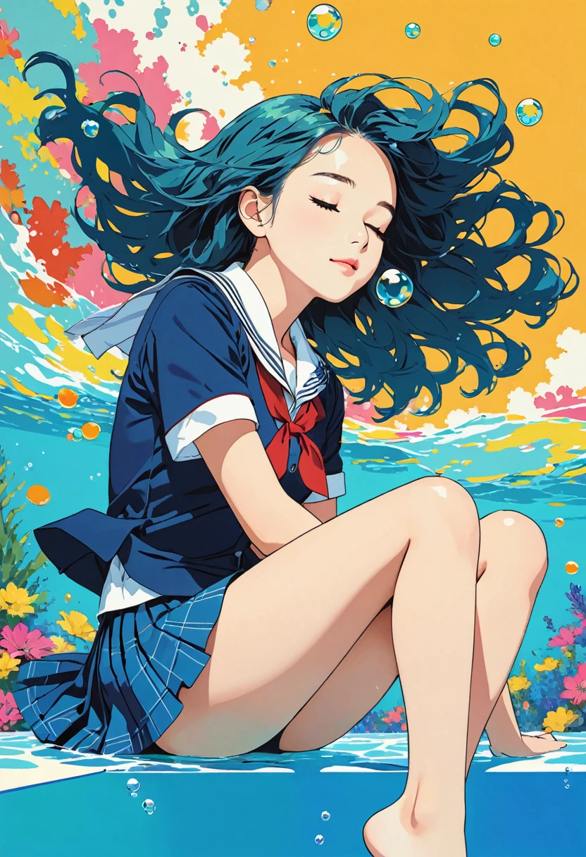 (masterpiece, best quality,ultra highres),Pop-Art,flatcolor,(A girl in a school uniform sits cross-legged underwater),closed eyes,fluttering hair,Summer, bottom of the pool,School Uniform,bbubbles,simple art,simple background,