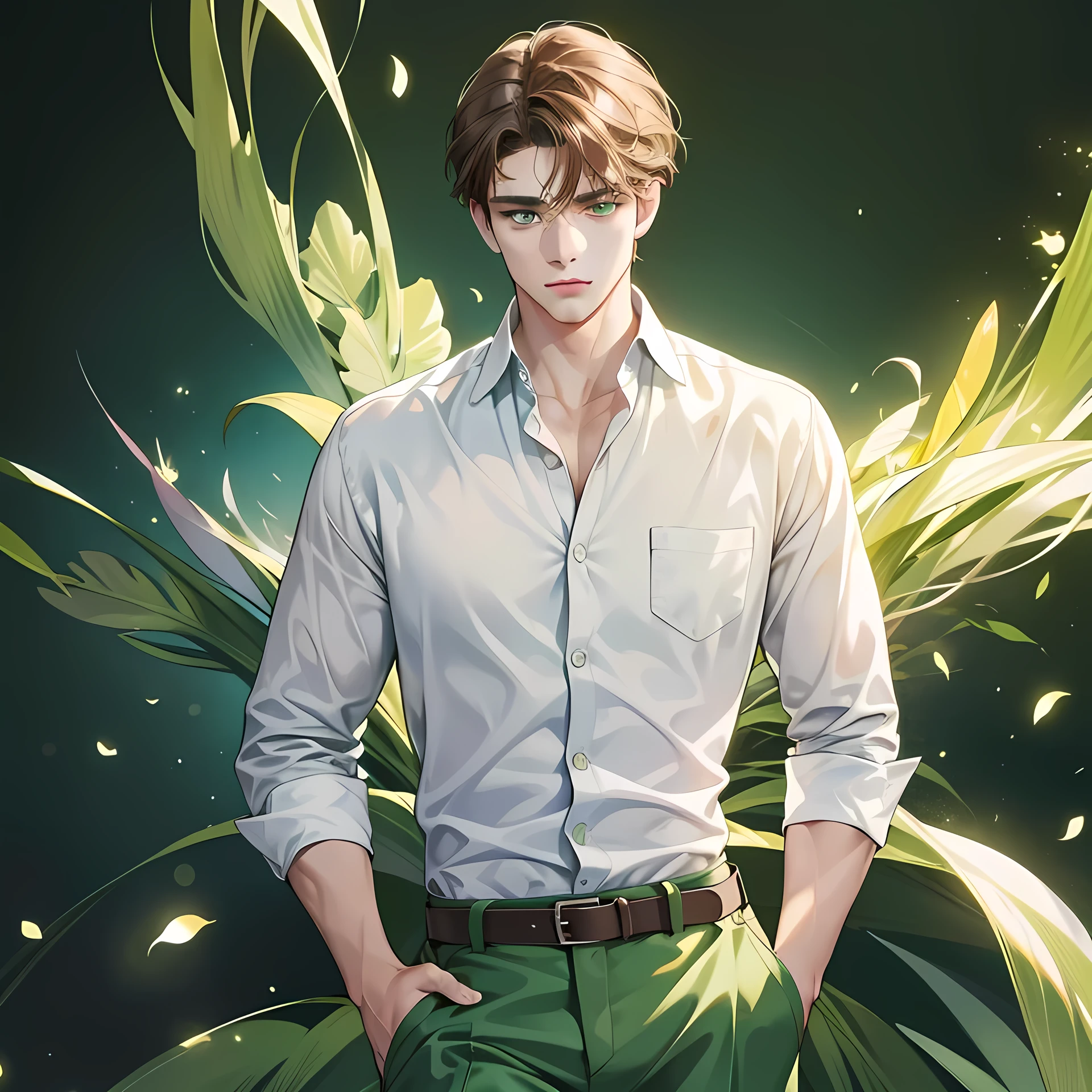 Masterpiece, high quality, best quality, HD, realistic, perfect lighting, detailed body, 1 man, green eyes, medium hair, dark brown Hair, glowing, sexy white shirt, set background, {perfect face, perfect body proportions} [looking at the viewer], (clear green eyes), Flirty and confident, (hands in pocket)