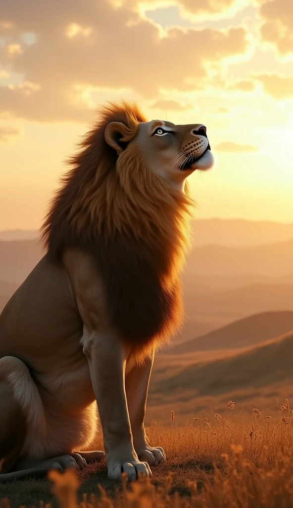 Lion looking at the sky at dawn ultra realistic 8k movie based