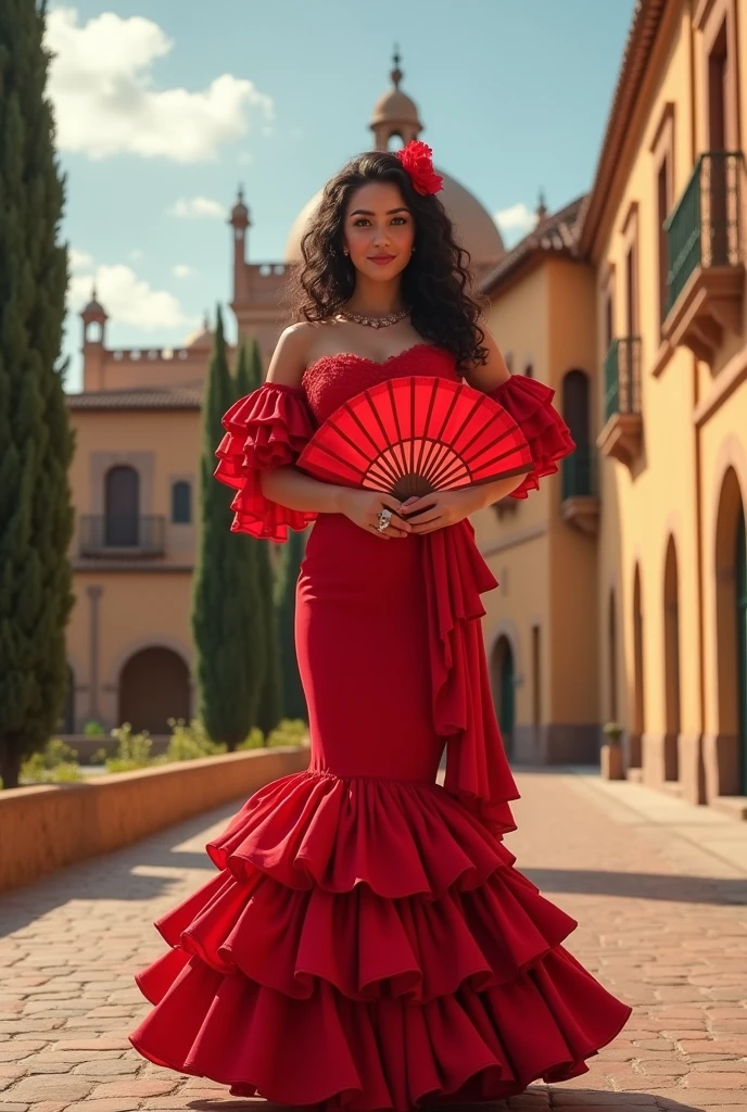 Front view, looking at viewer, A Spanish girl , 18-age-old, beautiful girl, (dark brown hair , brown eye, middle curl hair, little smile ),(middle breasts, middle hip) , (red flamenco wear , long skirt, big red open fan, red shoes ), standing pose ,on road, Pull-body, front Alhambra palace, noon, (super detail, high details, high quality, accurate, anatomically correct, textured skin, beautiful fingers super detail, high details, high quality, best quality)