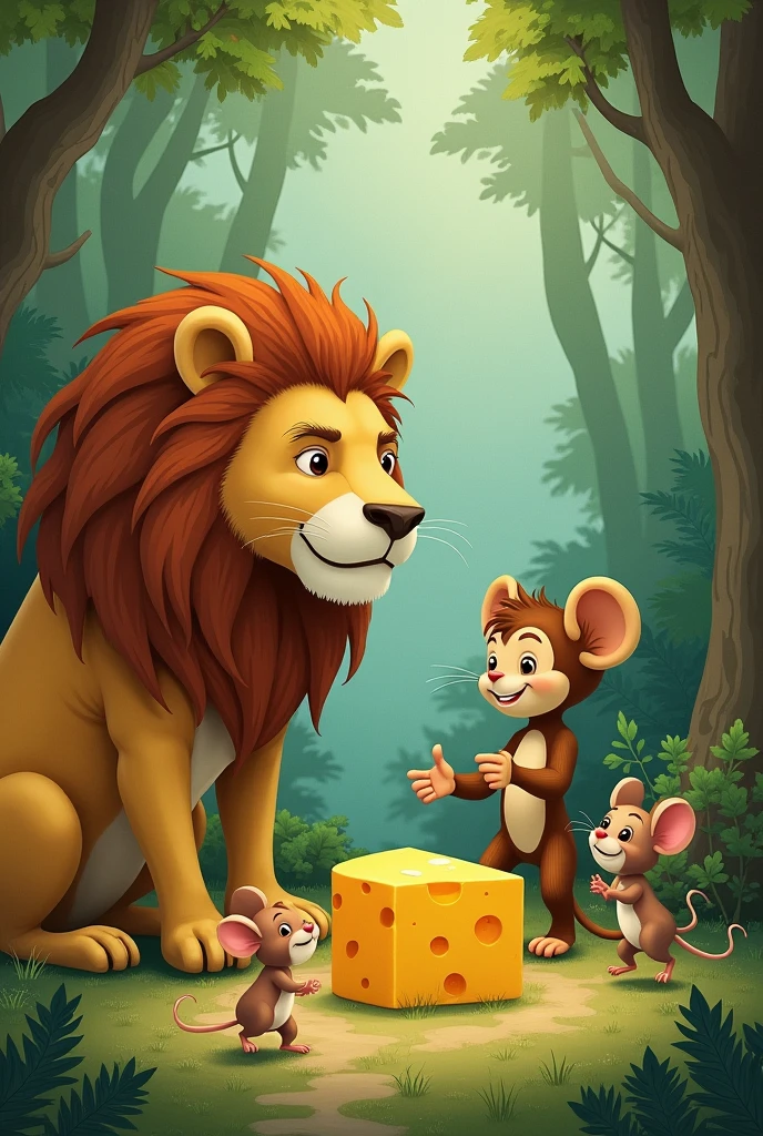 Two mice wanting to separate a cheese, se rendaient au près du lion qui les envoya chez le singe et se dernier mangea tout le fromage. Mais le roi les avais déjà prévenu que cela pouvait mal passer devant le juge et qu'il était mieux de réglé celà entre eux