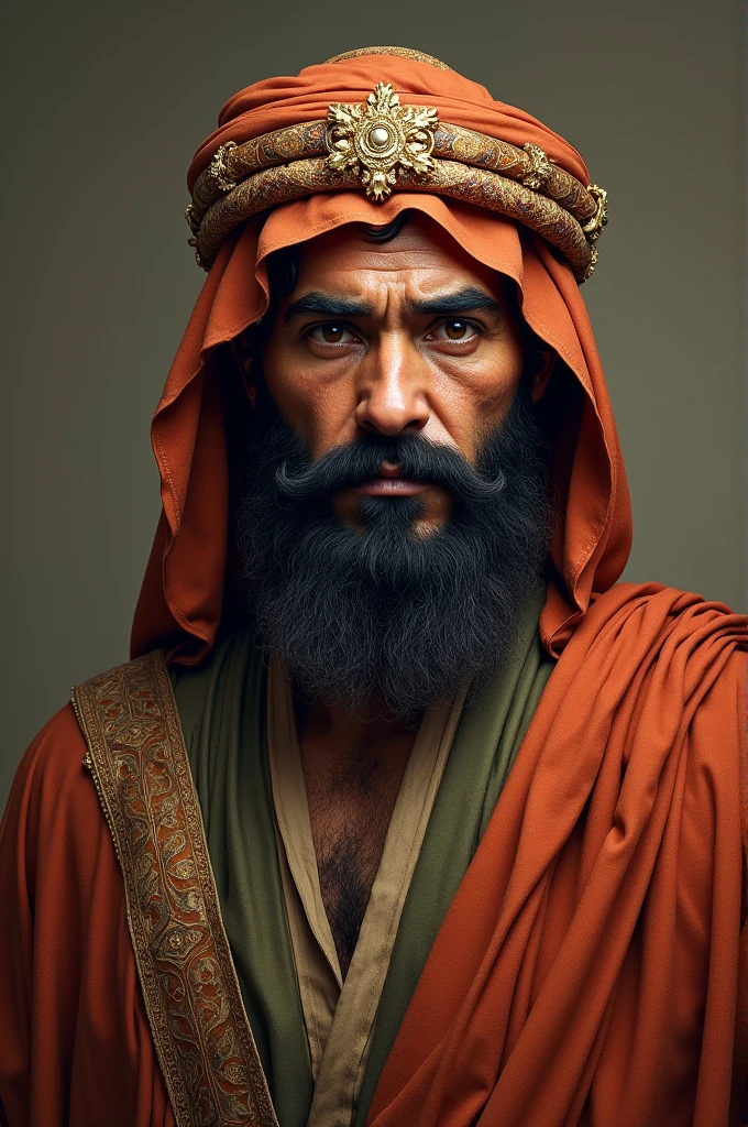 Al-Mukhtar Al-Thaqafi is an Islamic historical figure known for his courage and intelligence.. His face is described in some accounts as having strong, expressive features.. Here are some descriptions of wearing traditional costume including::
Ornate head covering: It covers the entire head and extends to the shoulders, and appears decorated with golden or patterned edges..
Long robe: He wears a long robe extending downwards, matching the headdress in design and decoration..
thick beard;: beard كثيفة ومهذبة، تمتد إلى أسفل الوجه.
This dress looks traditional and reflects the style of ancient fashion that was popular in early Islamic times.. which is repeated in these novels:
The eyes: His eyes are often described as large and sharp, reflecting determination and intelligence..
Eyebrows: They are dense and arched, giving them a sharp and powerful look..
Nose: Straight and in harmony with the rest of his facial features..
beard: Dense and tidy, which enhances his masculine features..
Hair: Abundant and thick, may be blackish.
Skin: His skin tone tends to be tan..
This description reflects the image of a strong and bold man, which is consistent with the qualities of Al-Mukhtar Al-Thaqafi as a leader and warrior..