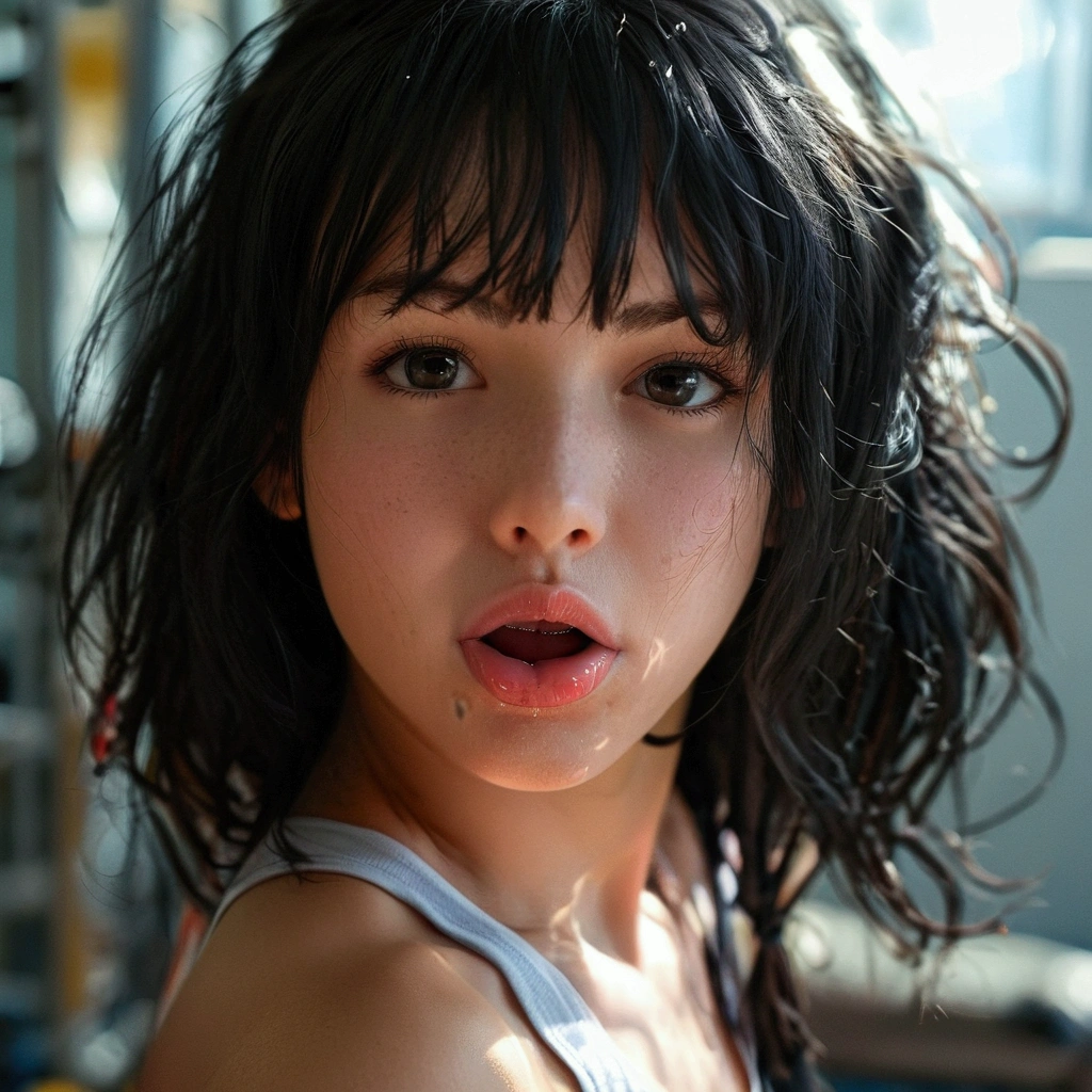 1 girl, length hair, breasts, black hair, very long hair, tongue out, from behind, facesitting on little man , gym girl,