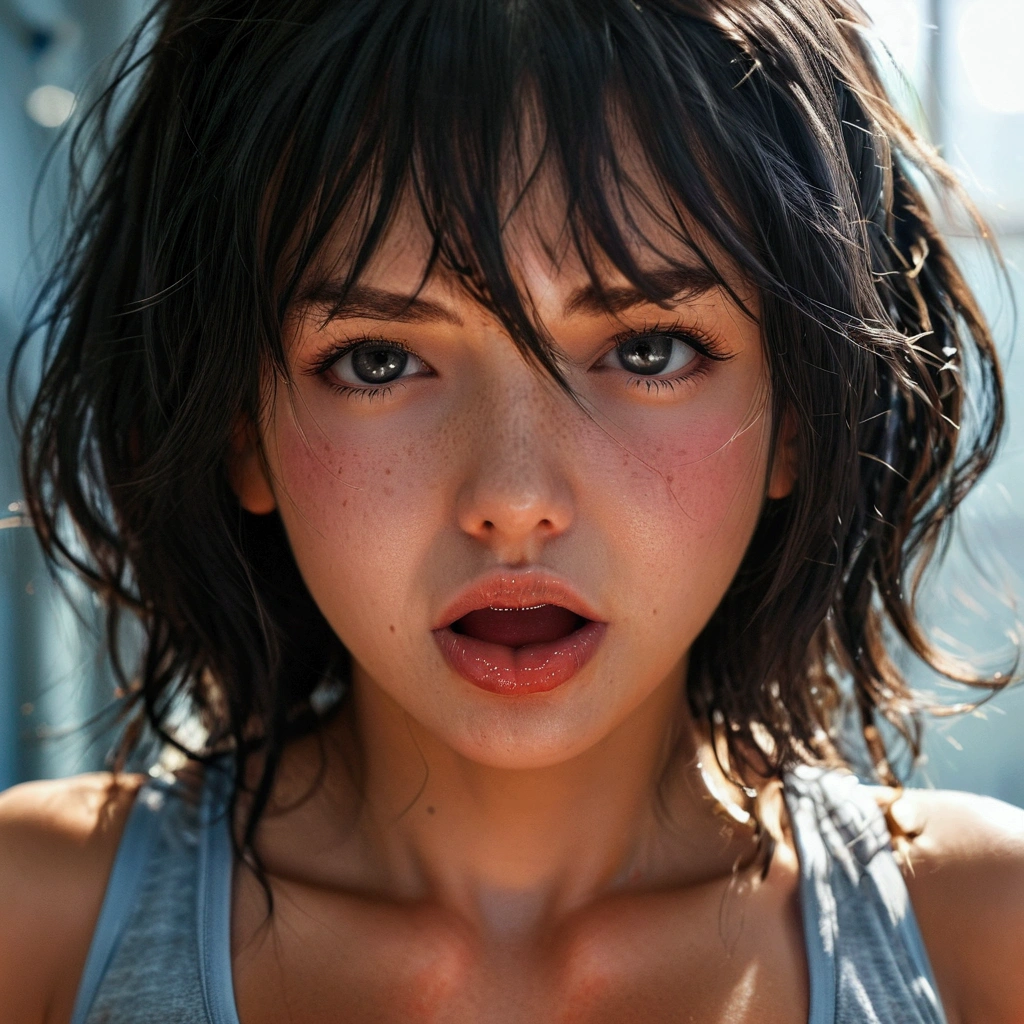 1 girl, length hair, breasts, black hair, very long hair, tongue out, from behind, facesitting on little man , gym girl,