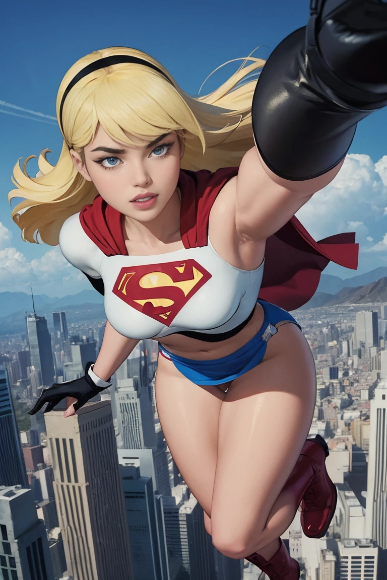 (cowboy shot), (masterpiece), (Best Quality: 1.0), (ultra high resolution: 1.0), detailed eyes, BREAK Supergirl, 1 girl, long blonde hair, hair band, \(white\) crop top, mini skirt, gloves, boots BREAK (clouds, city, Awesome view) sexy, Awesome, flying in the air, sexy, big, ((big hips)), flying in the air, sexy, big, Without trousers, vagina visible