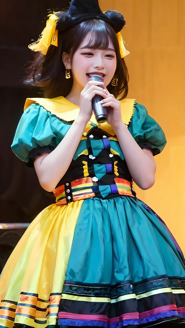Very cute and beautiful K-POP female idols, Sing on the Gondola Live Stage, Full Body Shot,
break,
Face close-up, Singing scene, Dress scene, Looking at the audience, 
break,
Idols depicted in vibrant colors, Colorful idol dresses, Expressing the singing voice of an idol with warm colors