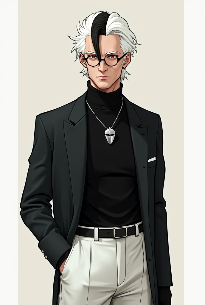 Man、The hair is white with a center part and black two-block style.、Black turtleneck、A silver whistle around his neck、White trousers、Black belt、Red eyes wearing glasses 2D