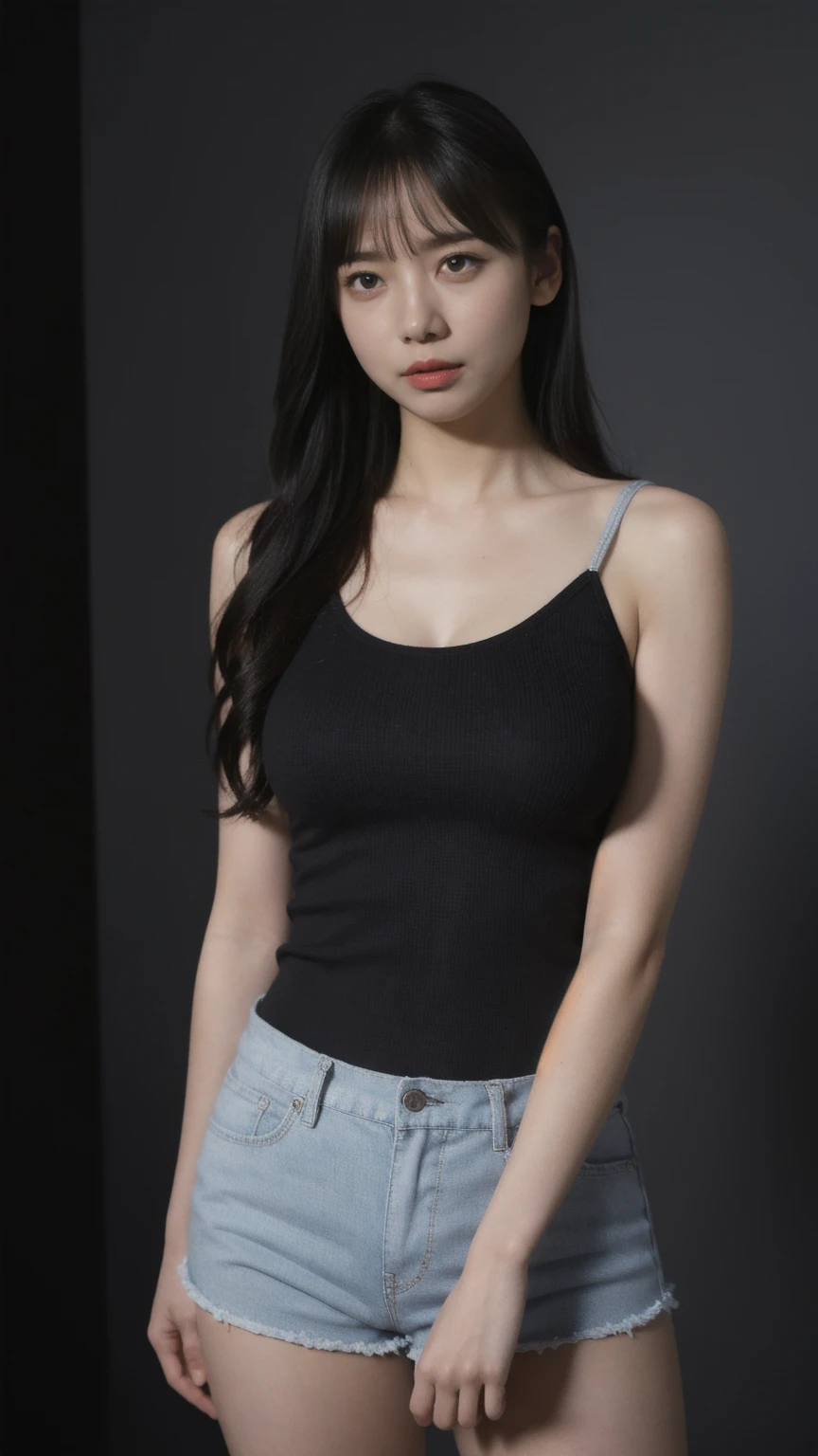 ((1girl)), woman, masterpiece, best quality, highest quality, cinematic lighting, (volumetric lighting), extremely detailed CG unity 8k wallpaper, focused, 8k wallpaper, extremely detailed, ultra realistic, photorealistic, sharp focus, absurdres, (HDR:1.2), (high contrast), photograph, detailed and intricate, instagram, portrait, highly detailed, digital painting, artstation, concept art, smooth, sharp focus, illustration, cinematic lighting, (big breast), (((skinny, slim legs))), (japanese idol posture), (knit strap tanktop, short pants, cleavage), looking at the viewer, (I don't see arms)), ((Standing)), ((Medium body shot, hip level shot)), long hair.