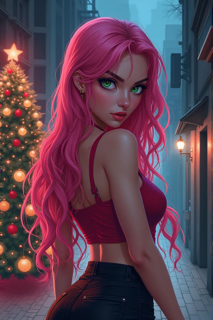 D-art Style, @18dart3, d-art, 1girl, solo, ((((((!!, ??)))))), (((portrait shot))),, looking at viewer, green eyes, long pink hair, from behind, from above, huge ass, background: city alleyway , Christmas tree,