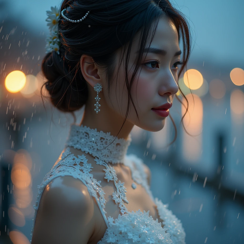 (RAW shooting, Photorealistic:1.5, 8k, Highest quality, masterpiece, 超High resolution), ((((heavy snow, storm)))), Highly detailed skin and facial textures:1.3, Perfect dynamic composition:1.2, (Modern city in front of the church at night, Expressions of sadness:1.0, Tears flow:1.0, Crying with a broken heart:1.0), Slim office lady wet with rain:1.3, Cowboy Shot, Fair skin:1.2, Sexy beauty:1.1, Perfect Style:1.2, beautifully、aesthetic:1.1, Very beautiful face:1.2, Water droplets on the skin, (Rain dripping down on my body:1.2, Wet body:1.2, Wet Hair:1.3), (Professional dressing:1.1, With a wet bouquet:1.2, How to properly wear a wet white wedding dress:1.3), (Mid-chest, Bra see-through, Chest gap),  (Beautiful erotic eyes:0.8, Too erotic:0.8, Fascinating:0.8), necklace, Earrings, bracelet, wedding ring, Highly detailed and accurate hand and finger articulations Detailed body, Attractive body, The perfect human body, Realistic face,　Big Breasts　Big Breasts (Ultimate Quality, masterpiece, High resolution:1.0), Realistic:1.6, photoRealistic, [8k UHD 写真, UHD high quality photos, Extremely detailed and clear images], Close up of a Vietnamese girl with great attention to detail, Attractive body, The perfect human body, Realistic face, (Ultimate Quality, masterpiece, High resolution:1.0), Realistic:1.6, photoRealistic, [8k UHD 写真, UHD high quality photos, Extremely detailed and clear images], Close-up of a Vietnamese girl with a beautiful face, Tall and beautiful like a photo model, , Long legs, Round face, Big round eyes, Cute Smile, Red lips, Long curly eyelashes, Large dimples, Pointed jaws, Plump face, Bright white skin, Slim waist and long legs, 指輪やEarringsを着ける, Her face resembles Tuyet Linh, Tall and plump body type, Wearing a very bright and shiny white silk ao dai, Sitting by the bridge over the lotus pond, Cute pose, Highly lustrous silk ao dai, Wearing a see-through ao dai, Wearing a red bra,