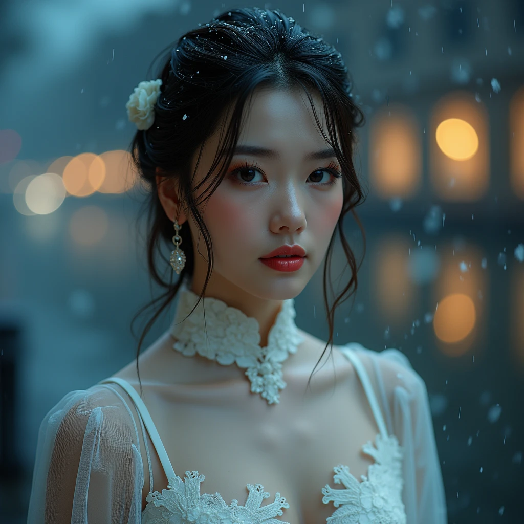 (RAW shooting, Photorealistic:1.5, 8k, Highest quality, masterpiece, 超High resolution), ((((heavy snow, storm)))), Highly detailed skin and facial textures:1.3, Perfect dynamic composition:1.2, (Modern city in front of the church at night, Expressions of sadness:1.0, Tears flow:1.0, Crying with a broken heart:1.0), Slim office lady wet with rain:1.3, Cowboy Shot, Fair skin:1.2, Sexy beauty:1.1, Perfect Style:1.2, beautifully、aesthetic:1.1, Very beautiful face:1.2, Water droplets on the skin, (Rain dripping down on my body:1.2, Wet body:1.2, Wet Hair:1.3), (Professional dressing:1.1, With a wet bouquet:1.2, How to properly wear a wet white wedding dress:1.3), (Mid-chest, Bra see-through, Chest gap),  (Beautiful erotic eyes:0.8, Too erotic:0.8, Fascinating:0.8), necklace, Earrings, bracelet, wedding ring, Highly detailed and accurate hand and finger articulations Detailed body, Attractive body, The perfect human body, Realistic face,　Big Breasts　Big Breasts (Ultimate Quality, masterpiece, High resolution:1.0), Realistic:1.6, photoRealistic, [8k UHD 写真, UHD high quality photos, Extremely detailed and clear images], Close up of a Vietnamese girl with great attention to detail, Attractive body, The perfect human body, Realistic face, (Ultimate Quality, masterpiece, High resolution:1.0), Realistic:1.6, photoRealistic, [8k UHD 写真, UHD high quality photos, Extremely detailed and clear images], Close-up of a Vietnamese girl with a beautiful face, Tall and beautiful like a photo model, , Long legs, Round face, Big round eyes, Cute Smile, Red lips, Long curly eyelashes, Large dimples, Pointed jaws, Plump face, Bright white skin, Slim waist and long legs, 指輪やEarringsを着ける, Her face resembles Tuyet Linh, Tall and plump body type, Wearing a very bright and shiny white silk ao dai, Sitting by the bridge over the lotus pond, Cute pose, Highly lustrous silk ao dai, Wearing a see-through ao dai, Wearing a red bra,