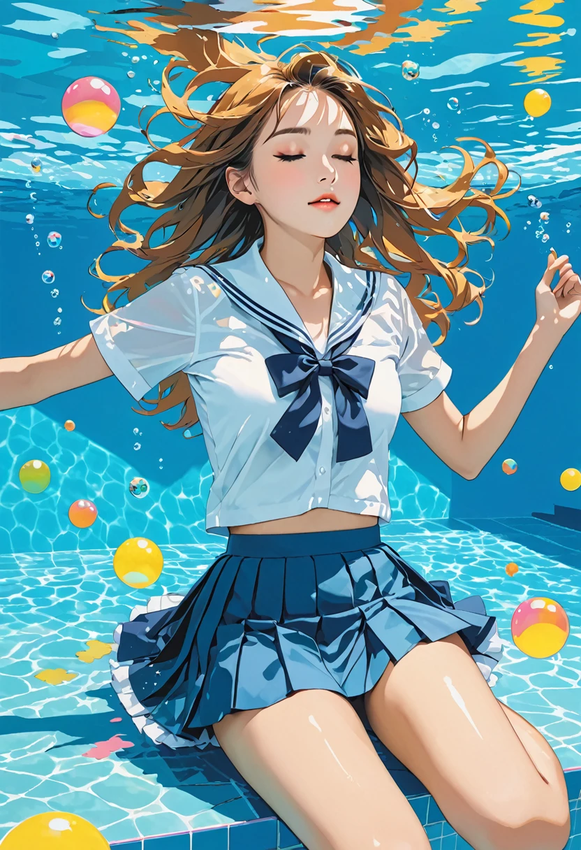 (masterpiece, best quality,ultra highres),Pop-Art,flatcolor,(A girl in a school uniform sits cross-legged underwater),closed eyes,fluttering hair,Summer, bottom of the pool,School Uniform,fluttering skirt,bubbles,simple art,simple background,