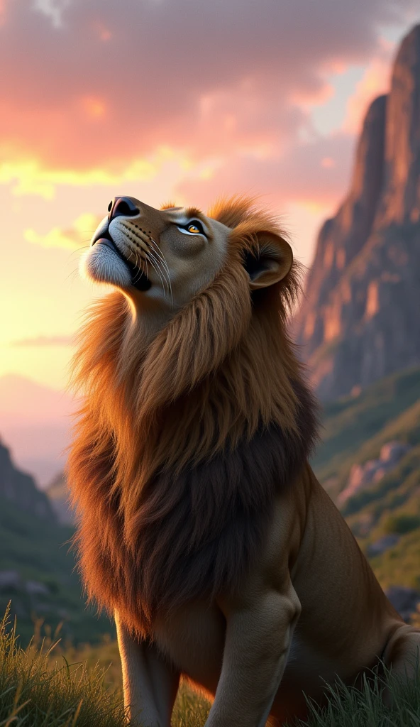 Lion looking at the sky at dawn ultra realistic 8k based on very realistic lion movie