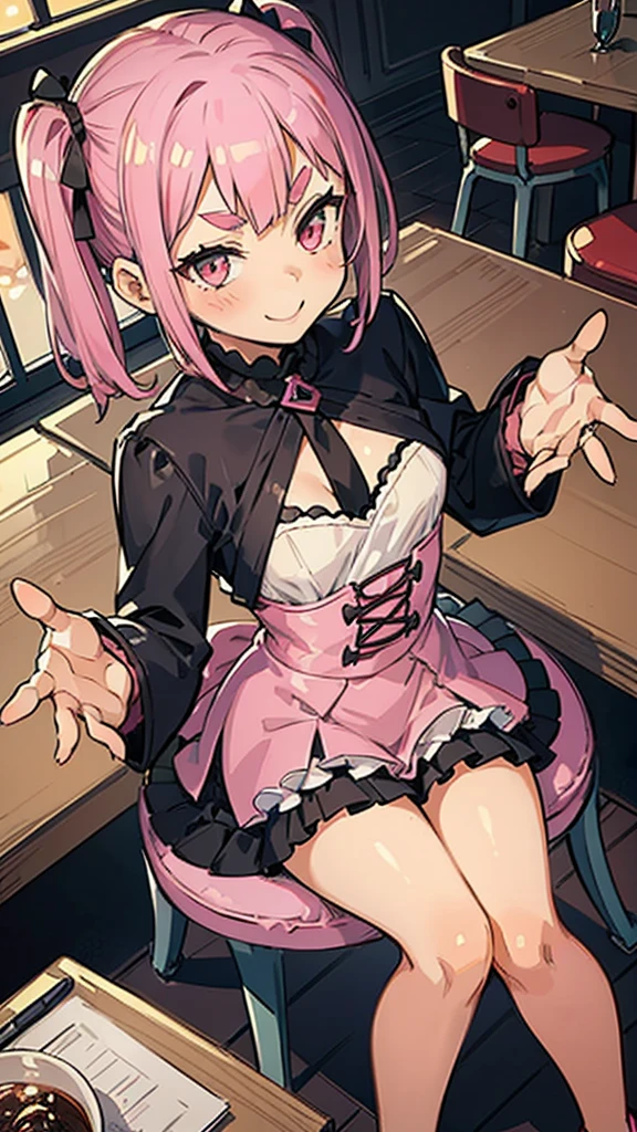 Girl with pink hair, long double-tailed hairstyle, ((small pink bushy eyebrows)), wearing ta clothing, marked vagina, loli(Zankuro) drawing style by zankuro artist, Zancro style, image uploaded to R34, flirty smile , ((showing the pubes)) in a restaurant, facing the camera, camera from above, looking with a very flirtatious face, with her breasts out, inviting to have sex with her legs open, stretching her hands to be taken in her arms