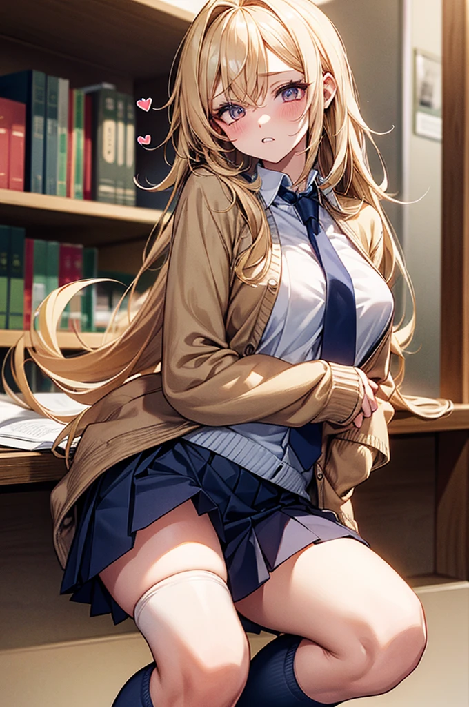 Browsing Caution,(Highest quality, 8k, masterpiece:1.3,beautiful girl), (Very detailed)Glowing Skin,(((Long Hair,blonde,Beautiful Hair))),(Perfect Anatomy, Anatomically correct, Very detailed肌),((Golden Eyes)),((Perfect Fingers,Five Fingers)),((Light blue collared shirt, Navy pleated mini skirt, socks, Navy tie, Light brown cardigan, White knee socks)), Pink Panties, School,library, Knee-high socks, Dynamic Angle,(((Vulgarity))),Embarrassed expression,Knee-high socks on both feet,Double teeth,(((Heart symbol on eye))),I'm Climax,Big Breasts,Big Ass,Peace sign with both hands,Thin pubic hair,Plump body,Big hearts in the pupils,Card game style,Confession status,Tears of joy