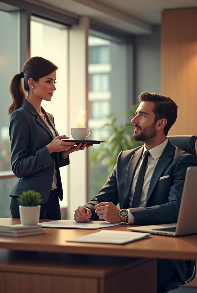 Office receptionist serving coffee to the male manager