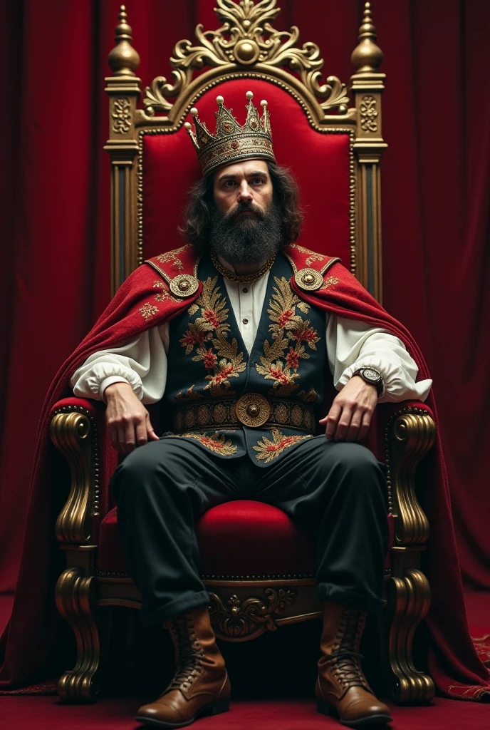 A crowned man sits on a throne