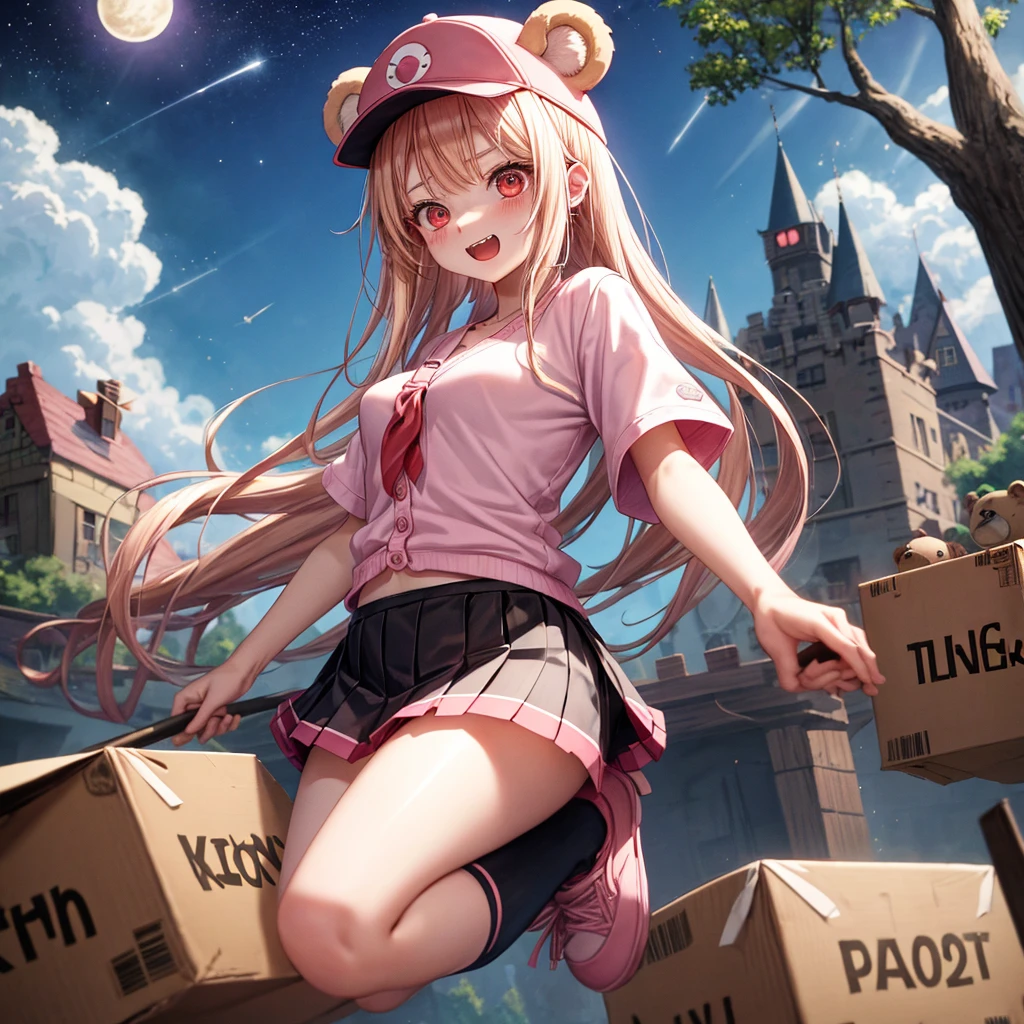 Pink Blonde、Red eyes、Hair tied up、One cute girl、solo、Checked mini skirt、black t-shirts、one piece、cardigan、Knee-high socks、bear ears baseball cap、Burning Full Moon、The tree is dead、Electric spectaculars、Cardboard boxes are piled up、Teeth are visible、Monster Castle、Tilting face、Starry Sky、A teddy bear is jumping