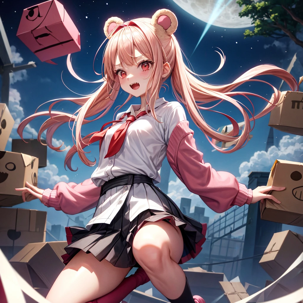 Pink Blonde、Red eyes、Hair tied up、One cute girl、solo、Checked mini skirt、black t-shirts、one piece、cardigan、Knee-high socks、bear ears baseball cap、Burning Full Moon、The tree is dead、Electric spectaculars、Cardboard boxes are piled up、Teeth are visible、Monster Castle、Tilting face、Starry Sky、A teddy bear is jumping