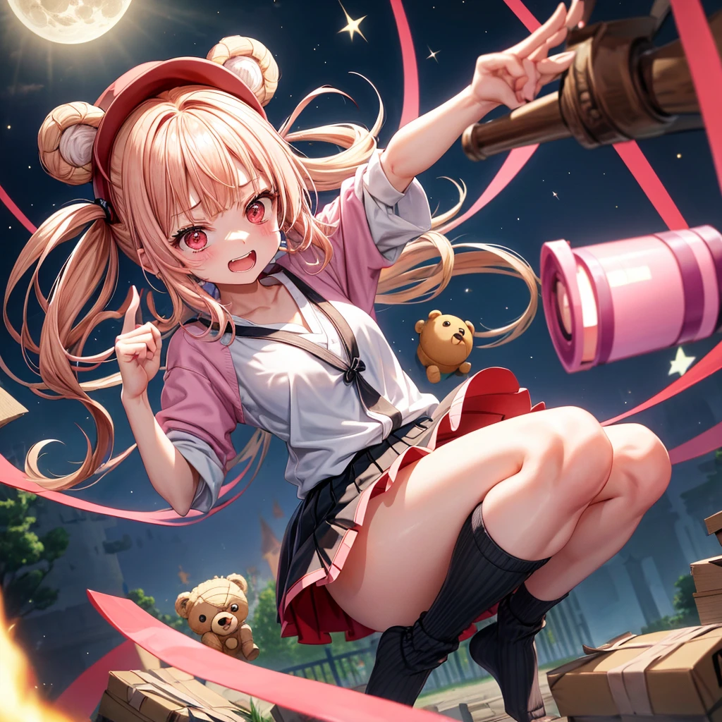 Pink Blonde、Red eyes、Hair tied up、One cute girl、solo、Checked mini skirt、black t-shirts、one piece、cardigan、Knee-high socks、bear ears baseball cap、Burning Full Moon、The tree is dead、Electric spectaculars、Cardboard boxes are piled up、Teeth are visible、Monster Castle、Tilting face、Starry Sky、A teddy bear is jumping