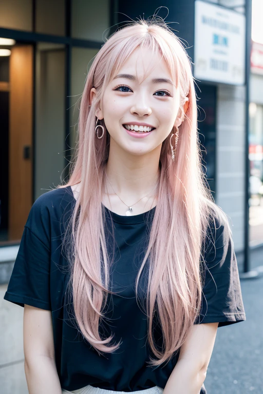 ((detailed)),(photo realistic:1.55), Japanese girl, 16 years old, ((realistic skin)), ((Very light pink hair mixed with very light brown hair)), (((Very long twin-tailed hair))), Has a gentle perm, ((broad jawline)), Wearing earrings and a necklace, Wearing a big black T-shirt, Looking up at the camera, Reflection from the waist up, (((laugh out loud))), Live Music Venue