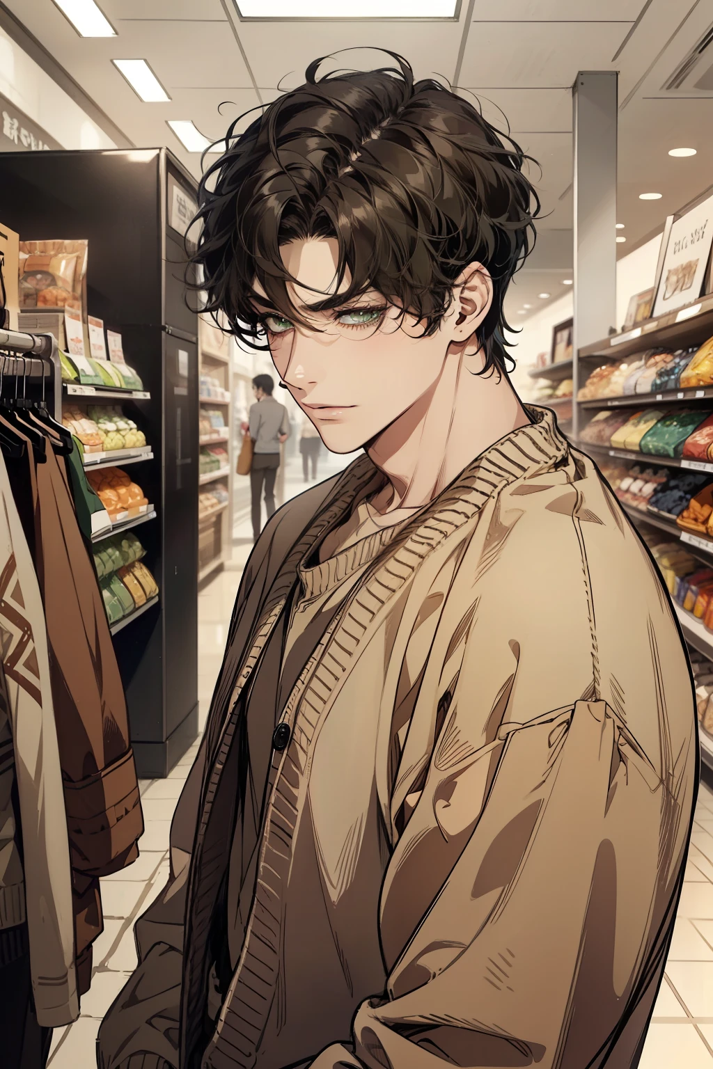 masterpiece, best quality, realistic, 1man, mature male, quiet and charming young man, 35 years old, close his eyes, ((soft smile)), closed mouth, extremely detailed face, a little distant, ((dark green eyes)), ((short-side-swept sandy black hair)), [thick eyebrows], (caramel cardigan and brown trousers), (waiting in front of the store)