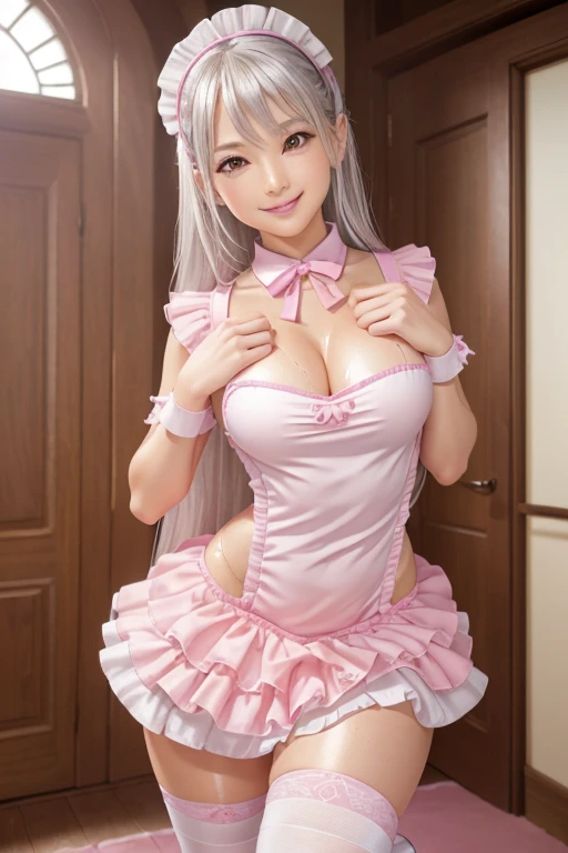 One Girl, Age 35, alone, ((Long silver hair 1.4)), ((Sweaty 1.5)),((Shiny skin 1.4))，((Thighs)),  Brown eyes, ((Pink miniskirt maid outfit 1.5))，((Knee-high socks 1.4)),whole body, bangs, Realistic,((Small Breasts 1.2)),  4K, Highest quality, Slender beauty, Extremely clear images, 8k, Beautiful pose, Photo session、((Cute pink maid outfit))、smile、Straight hair,((Mansion Background))