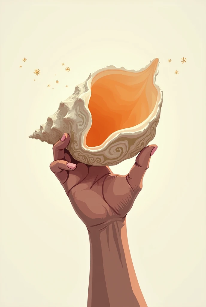 A male hand holding up a conch shell with wishes. Vector drawing. 