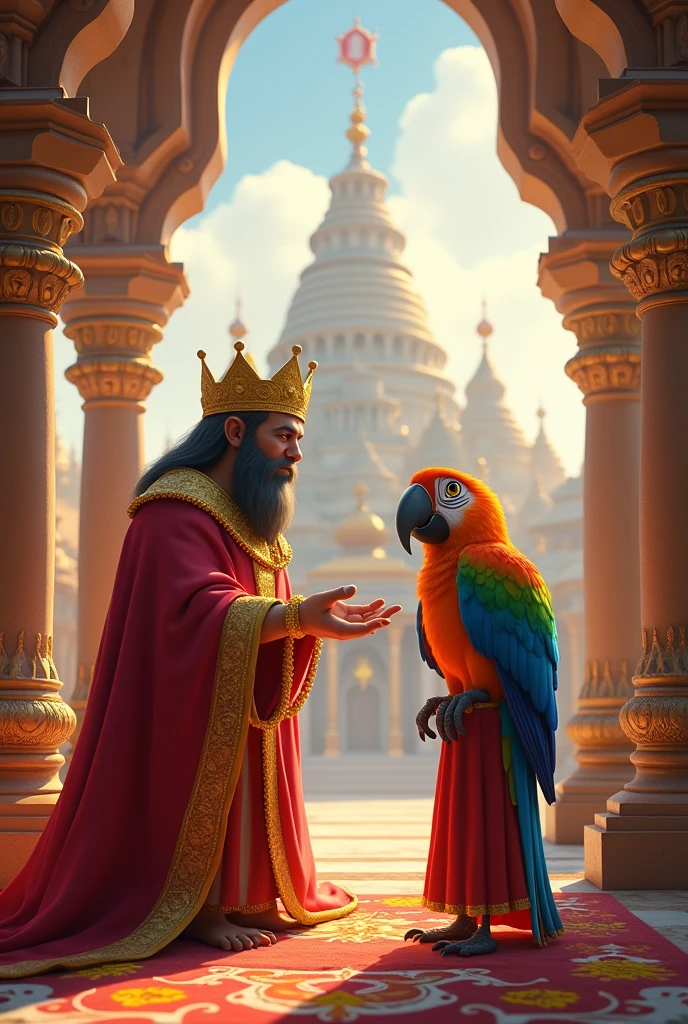 "A grand, ancient city named Bhogvati with majestic temples and palaces. In the center is King Roopsen, a regal figure with a crown and royal attire, holding a conversation with a colorful, talking parrot named Chintamani. The setting is a royal court, with intricately designed pillars and golden decorations."