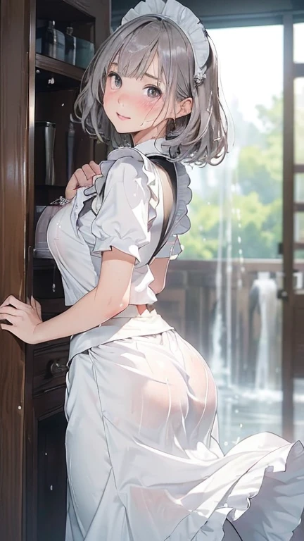 (masterpiece: 1.3), (Maximum resolution: 1.2), (Ultra HD TV: 1.2), Cinema Lighting, 8k resolution, Narrow eyes and skin, Detailed faceの特徴, , (Focus on the chest: 1.2), (The focus is on the face:1.2),Perfect Style, Cute Face, Accurate, Anatomically correct, Highly Detailed face and skin texture, Narrow eyes, double eyelid, Thin eyebrows, Glitter Eyeliner: One natural cheek, Glowing Skin, White skin, Glowing Skin: 1.2, (Glossy Lips: 1.4),、 (Embarrassed look: 1.2),20-year-old woman, (Detailed face:1.2), (Highest quality:1.2), ROHM review photo posting、From the bottom perspective, Low - Angle, From behind, Cinema Lighting, Perfect Style, Pretty face, (Skirt Lift:1.4), Loose and wrinkled white, , blush、humiliation、impatient、Glare、tears、Embarrassing、Surprised expression、Expressions of anger、 (Maid clothes:1.5),Sweaty、Silver Hair、Green-gray eyes、ROHM review photo posting、Low - Angleから、Soaking wet、OverFlowing sperm、Sperm in the ass、Sperm on thighs、Flowing sperm(Attractive ass:1.2),、Expose、Disarray、Expose的胸部、(((Wet clothes))),Tube top,(((Ultra-thin clothing))),(Body Model),((Body Outline)),(stride),Grin, blush,activity performance,Regional Friction,protuberance,