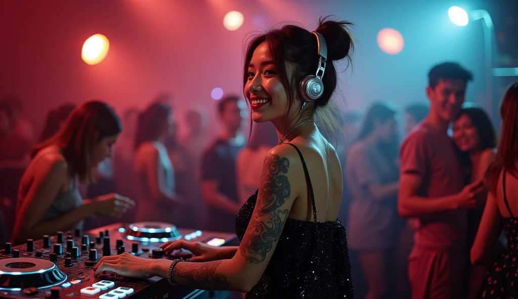 8k, a dancing beautiful asian cyborg with brown one bun hair, ((DJ)), ((tattoos)), photography, portrait of gadis_jelita wearing black sequin flowy silk dress, red lipstick, silver DJ Headset, ((laughing)) ((eyes looking at camera)), excited, one hand on the air, detail, DJ table, ((playing turn table)) to the crowd, picture from front view, in blurry background, soft focus, (masterpiece, sidelighting, finely detailed beautiful eyes: 1.2), bokeh, hdr