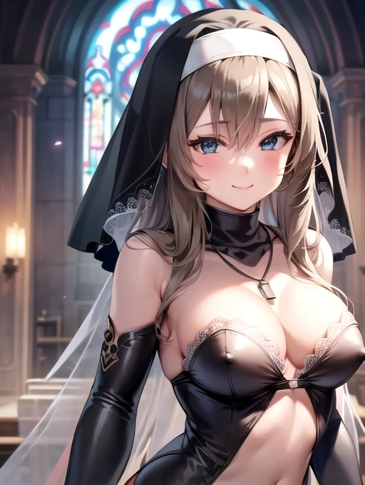 1girl, solo, asuna, large breasts, smiling, ((nun super small outfit), nun veil, necklace), church background, beautiful face, perfect detailed lines, (masterpiece), no blur, 8k image. Super tight, translucent clothes, small mini lace lingerie, hard nipples, super smal clothes, detailed skin, perfect details, ((half naked))