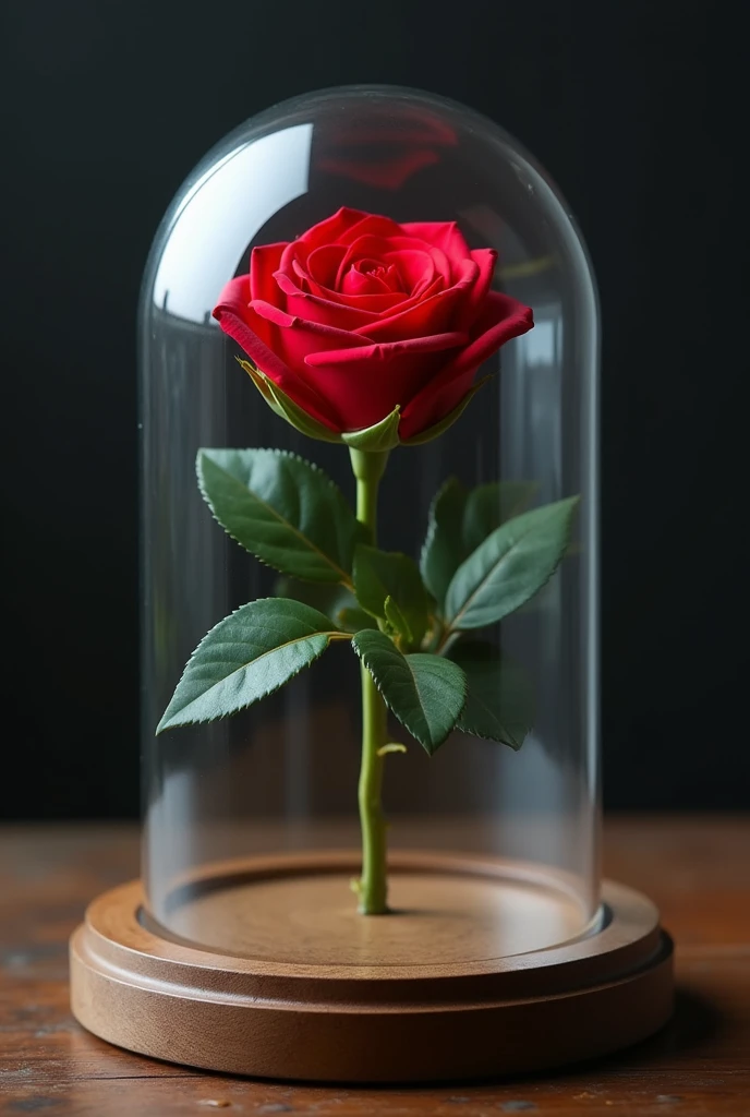 a very realistic red rose in a glass dome. well defined image in 4k