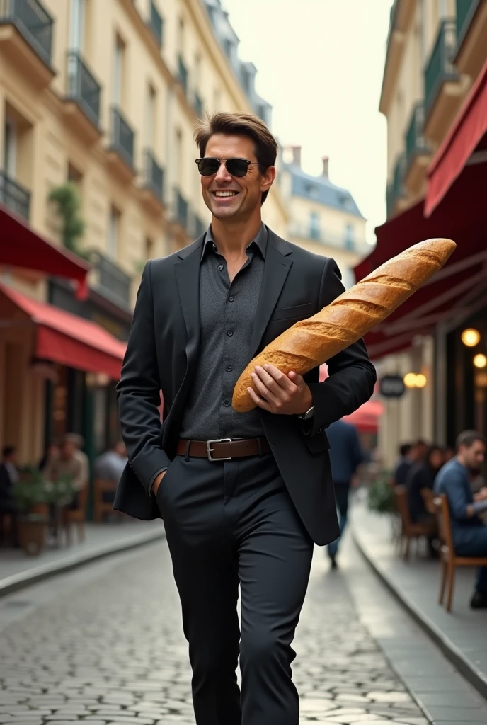 Tom Cruise walking in Paris with a baguette