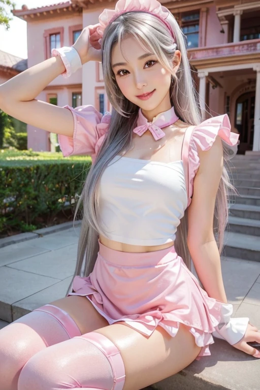 One Girl, Age 35, alone, ((Long silver hair 1.4)), ((Sweaty 1.5)),((Shiny skin 1.4)),((Thighs)), Brown eyes, ((Pink miniskirt maid outfit 1.5)),((Knee-high socks 1.4)),whole body, bangs, Realistic,((Small Breasts 1.2)), 4K, Highest quality, Slender beauty, Extremely clear images, 8k, Beautiful pose, Photo session、((Cute pink maid outfit))、smile、Straight hair,((Mansion Background))