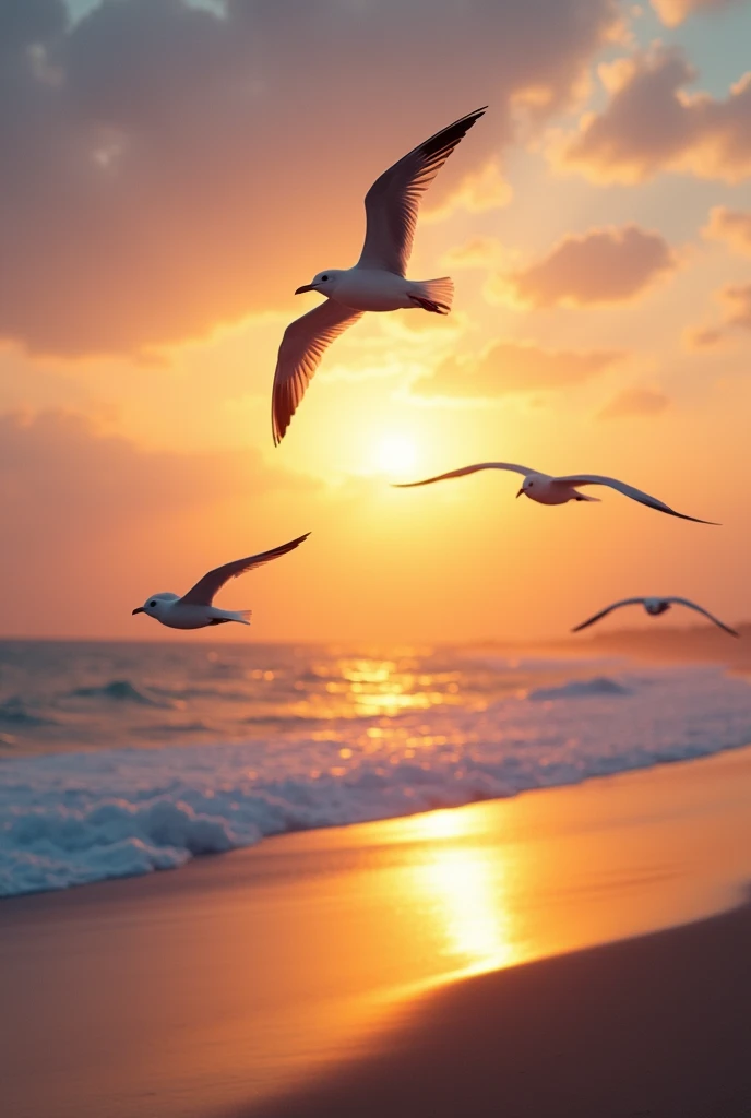 Seagulls flying on the beach illuminated by the setting sun