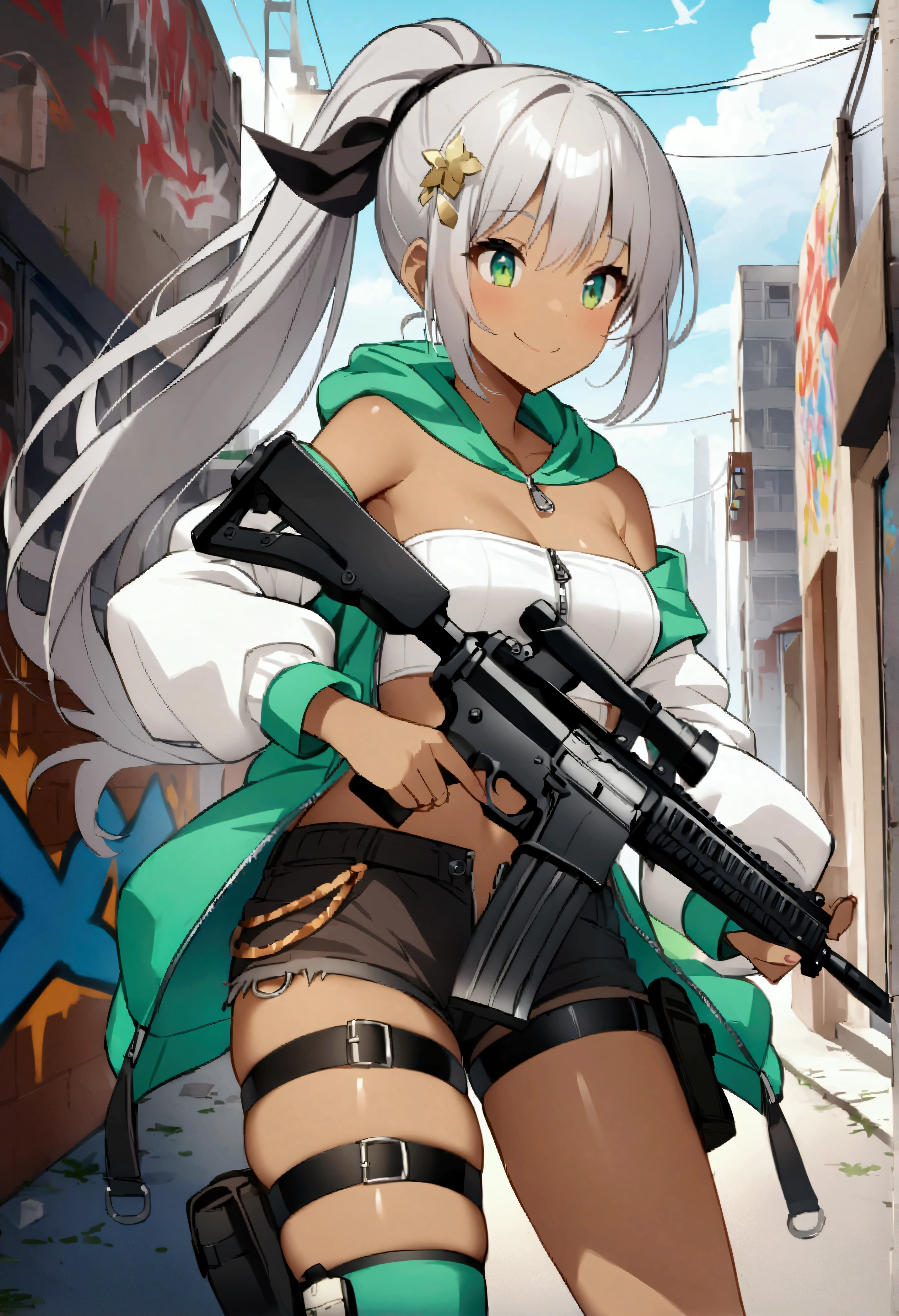 One girl、Dark Skin、Grey Hair、Green Eyes、ponytail、hair ornaments、ribbon、bandana、首に巻いたbandana、Bandeau、Clothing with writing、Removable sleeves、hoodie、Food、Exposed shoulders、Shorts、Zipper opened、Asymmetrical legwear、Thigh straps、Thigh pouch、Knee pads、Have a weapon、Submachine Gun、smile、Outdoor、City、graffiti 、Score 9、Score 8_up、Score 7_up、Score 6_up、Score 5_up、Score 4_up、BREAK Source Anime、masterpiece