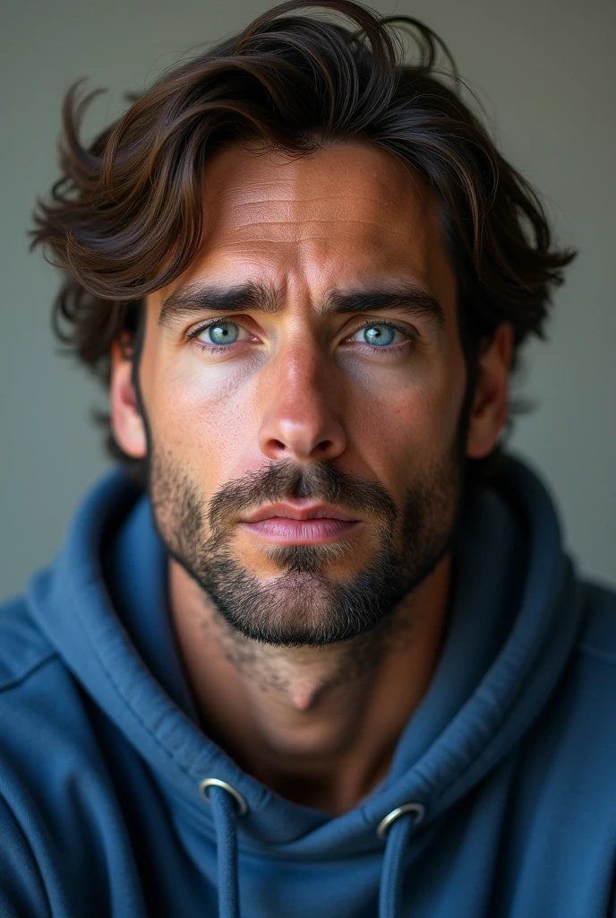 A 37 year old man with brown hair and with blue eyes wearing blue hoodie