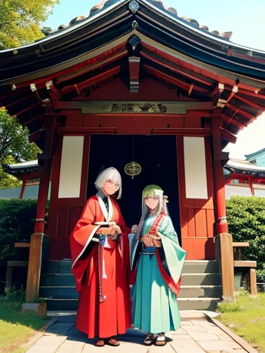 Two beautiful girls、Shrine maiden、Dance、sacred、shrine、Silver Hair、Jade green eyes