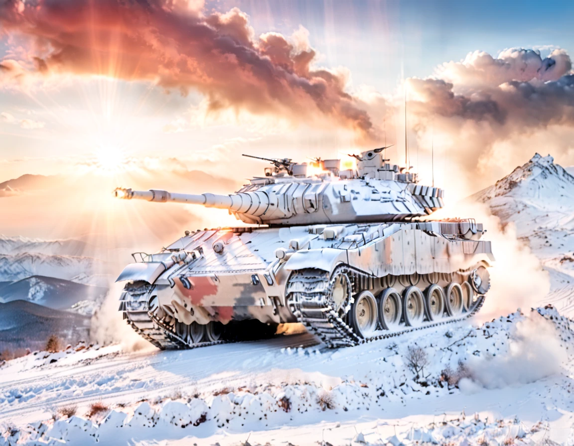 a picture of a Merkava tank on top of a snowy mountain watches the horizon at sunset, sun rays, some clouds, fog of war, vibrant, Ultra-high resolution, High Contrast, (masterpiece:1.5), highest quality, Best aesthetics), best details, best quality, highres, 16k, [ultra detailed], masterpiece, best quality, (extremely detailed)